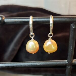 12-14mm Golden Peach Pearl Earrings 925 Sterling Silver Leverbacks